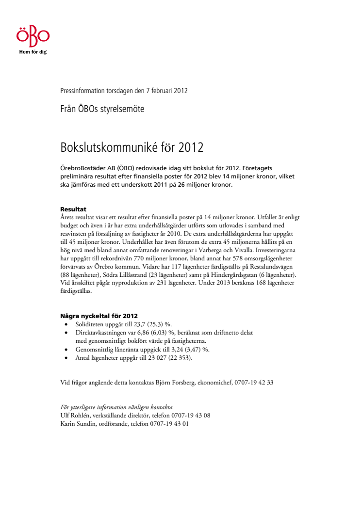 Bokslutskommuniké 2012 för ÖrebroBostäder AB