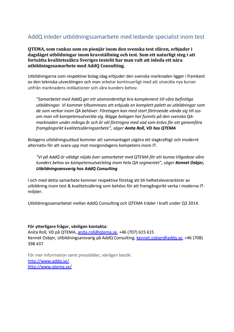 AddQ inleder utbildningssamarbete med ledande specialist inom test
