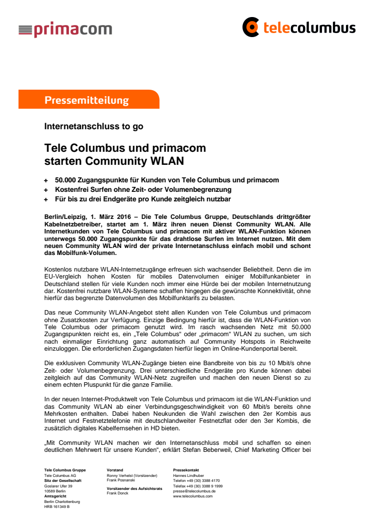 ​Tele Columbus und primacom starten Community WLAN