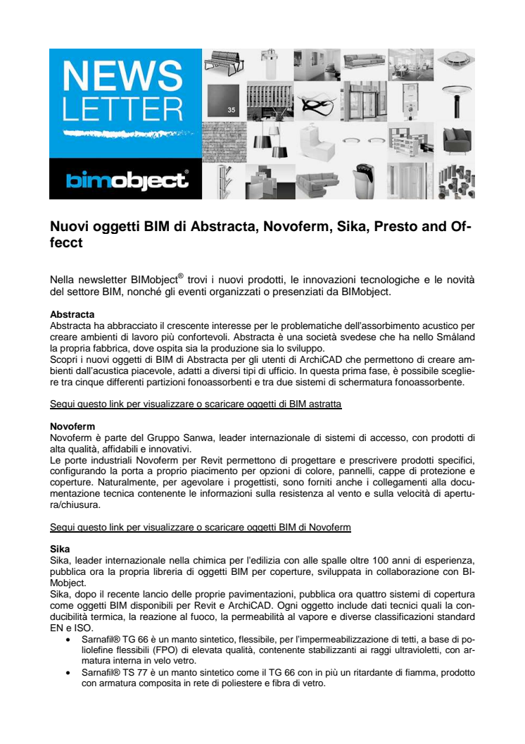 Nuovi oggetti BIM di Abstracta, Novoferm, Sika, Purus and Offecct