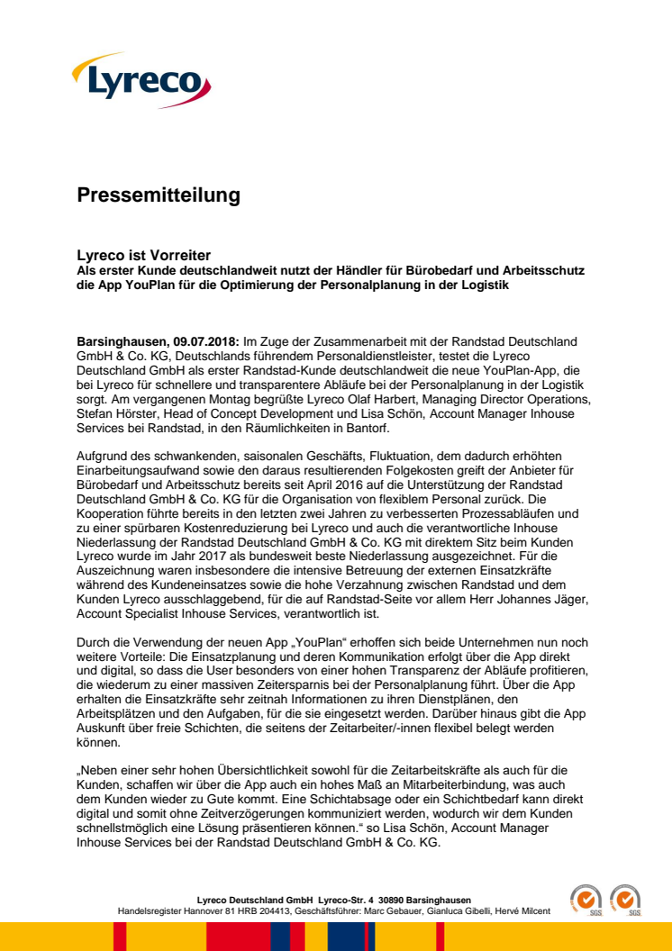 Lyreco ist Vorreiter - als erster Kunde deutschlandweit nutzt der Händler für Bürobedarf und Arbeitsschutz die App YouPlan für die Optimierung der Personalplanung in der Logistik