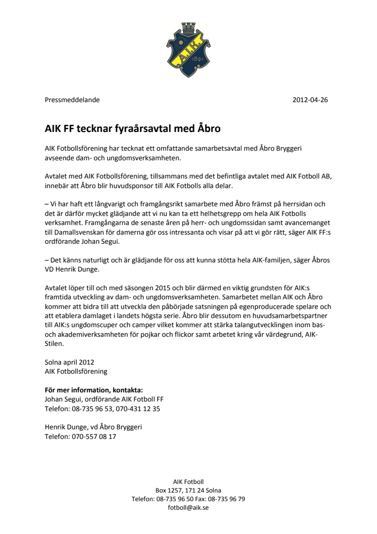 AIK FF tecknar fyraårsavtal med Åbro