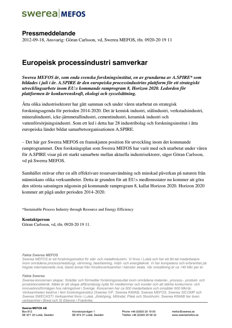 Europeisk processindustri samverkar