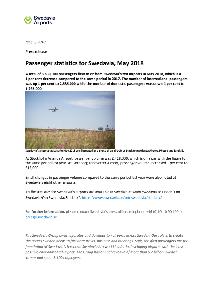 Passenger statistics for Swedavia, May 2018