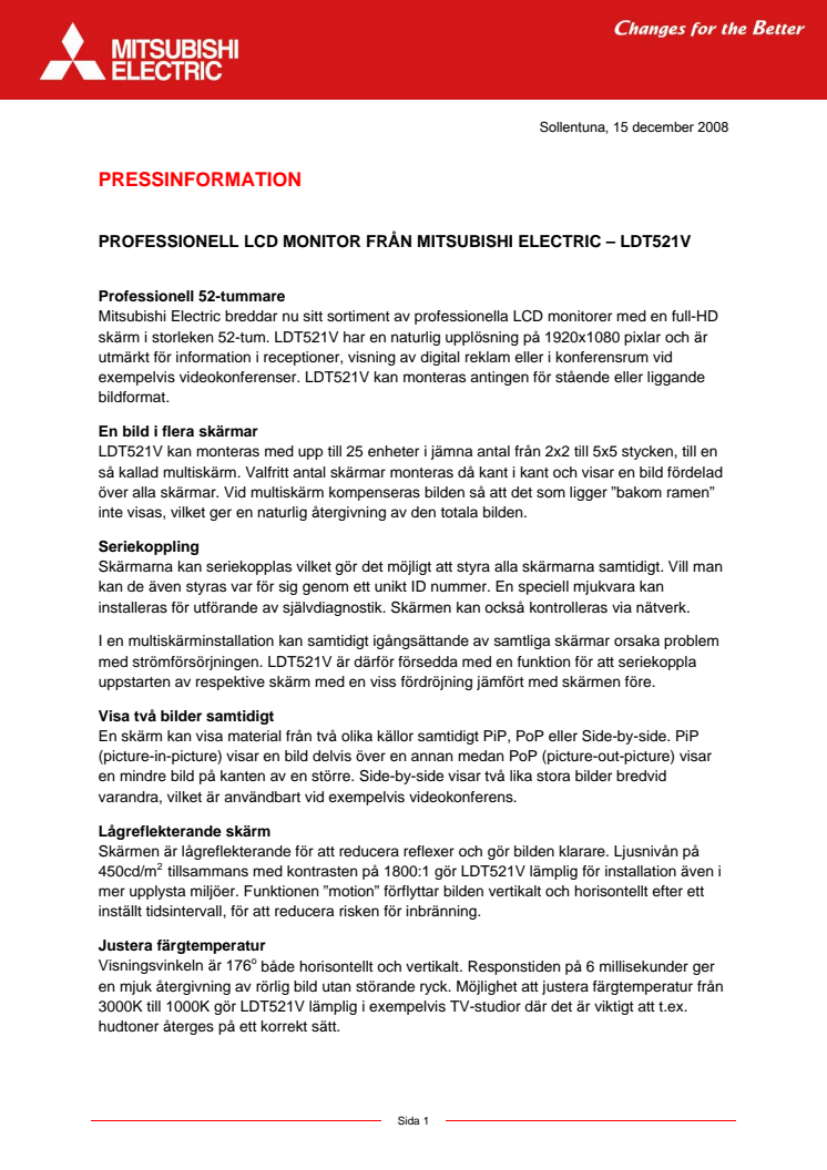 PROFESSIONELL LCD MONITOR FRÅN MITSUBISHI ELECTRIC – LDT521V 