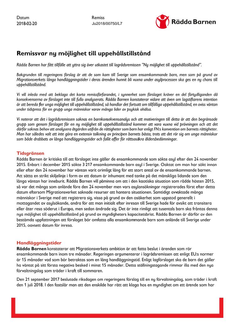 Remissvar ny möjlighet till uppehållstillstånd