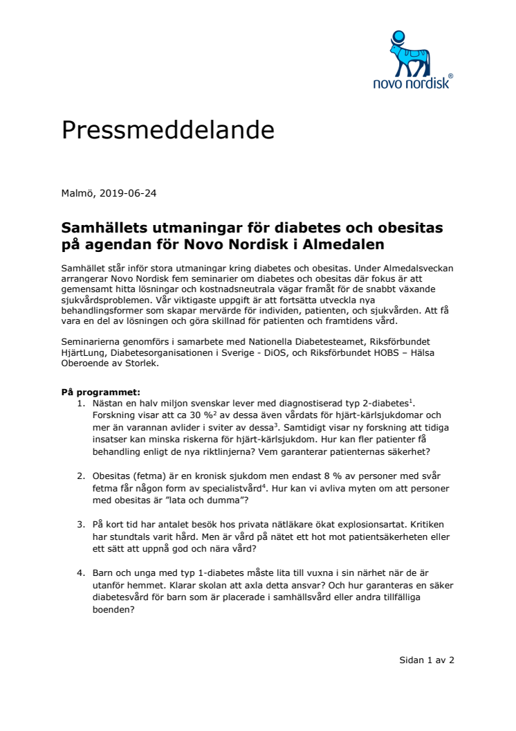 Samhällets utmaningar för diabetes och obesitas på agendan för Novo Nordisk i Almedalen