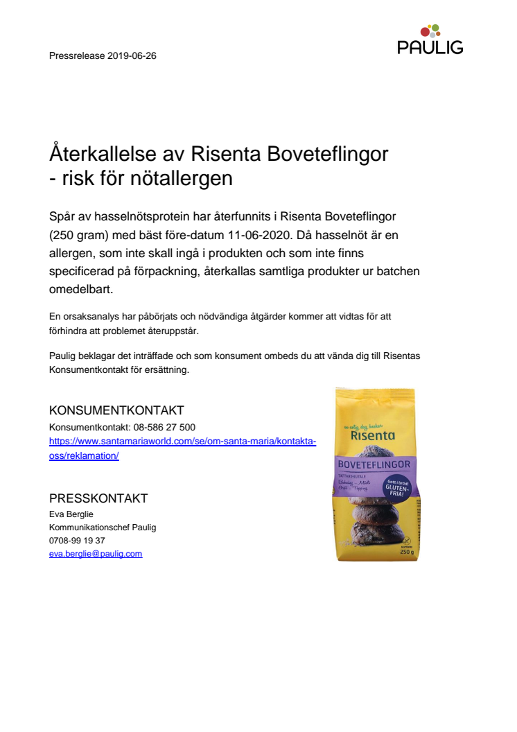 Återkallelse av Risenta Boveteflingor - risk för nötallergen 