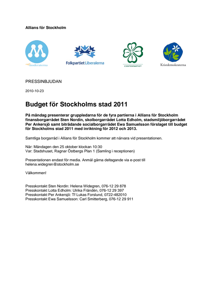 Pressinbjudan: Budget för Stockholms stad 2011   