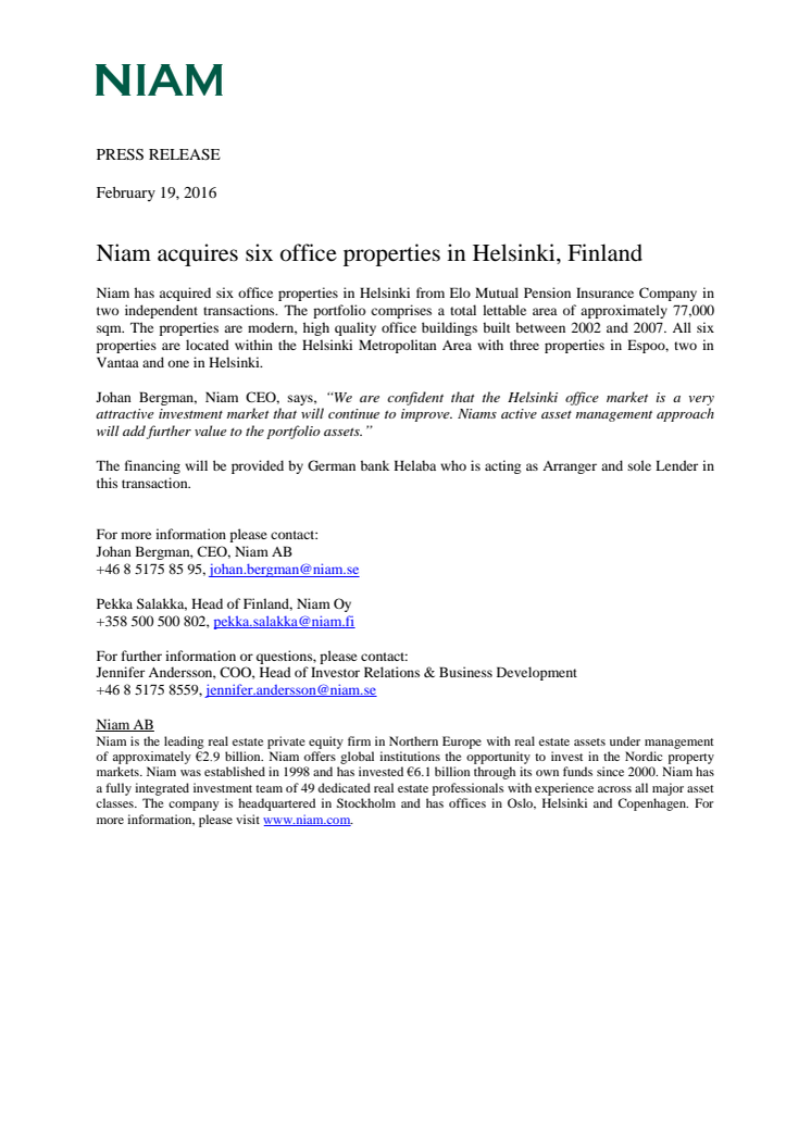 Niam acquires six office properties in Helsinki, Finland