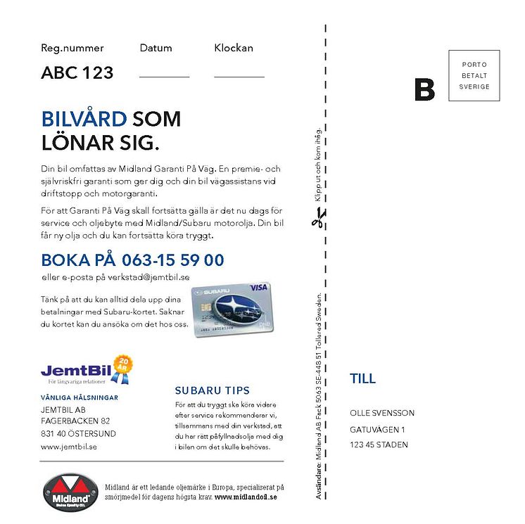 Subaru servicekallelse baksida