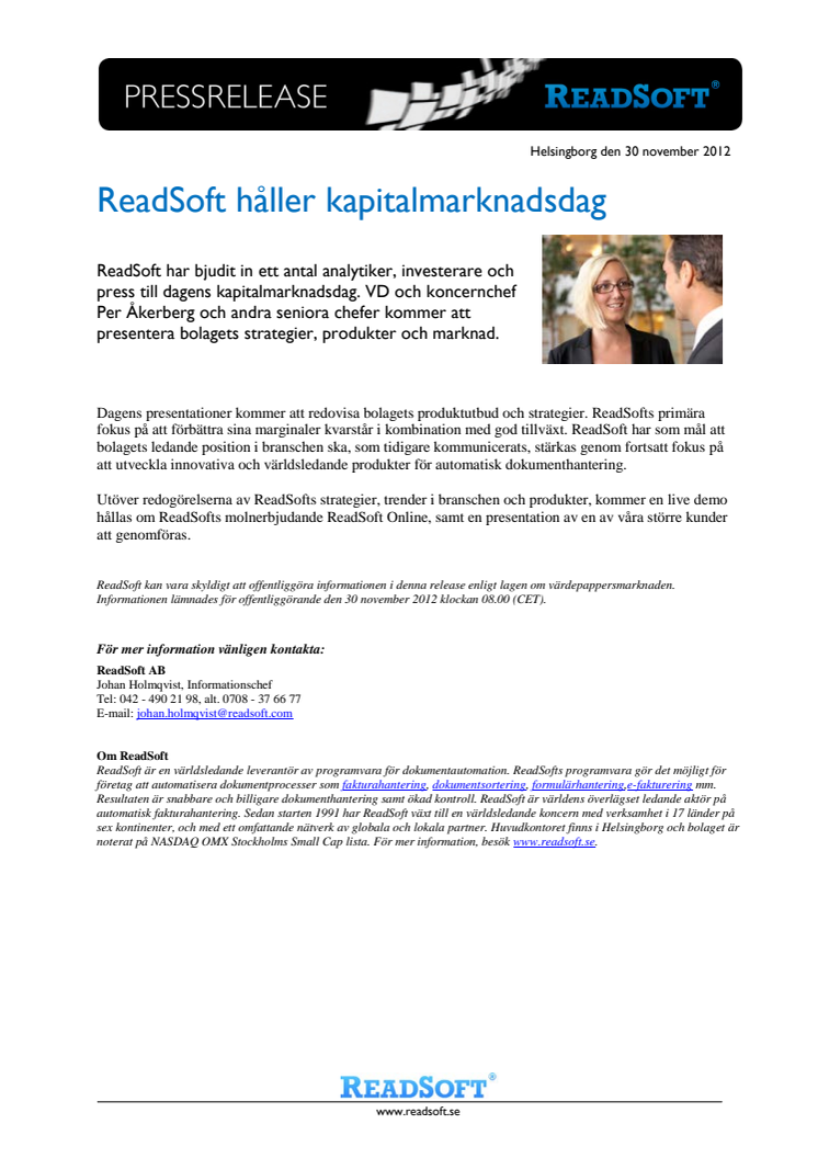 ReadSoft håller kapitalmarknadsdag