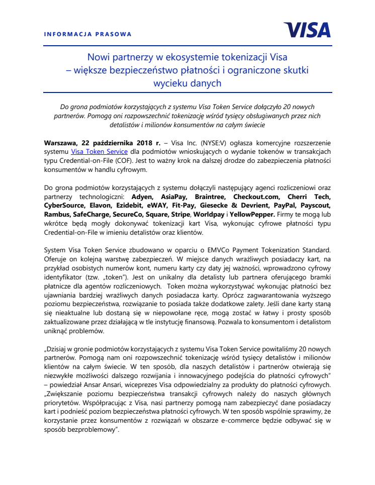 Nowi partnerzy w ekosystemie tokenizacji Visa – większe bezpieczeństwo płatności i ograniczone skutki wycieku danych