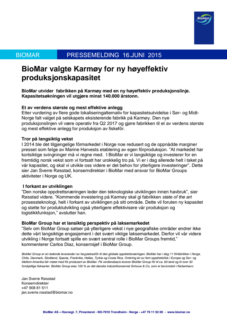 BioMar valgte Karmøy for ny høyeffektiv produksjonskapasitet