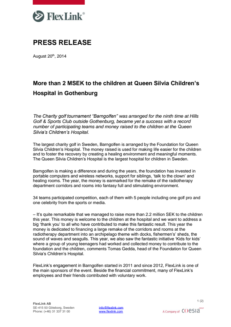 More than 2 MSEK to the children at Queen Silvia Children’s Hospital in Gothenburg