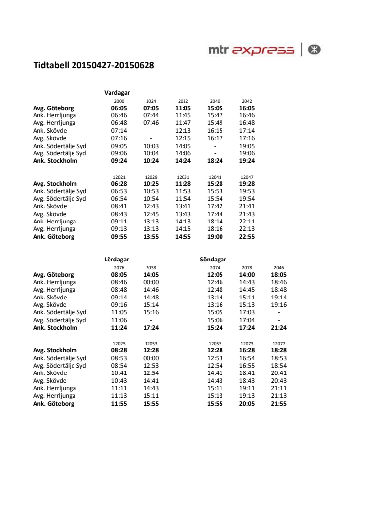 Tidtabell MTR Express 150427-150628