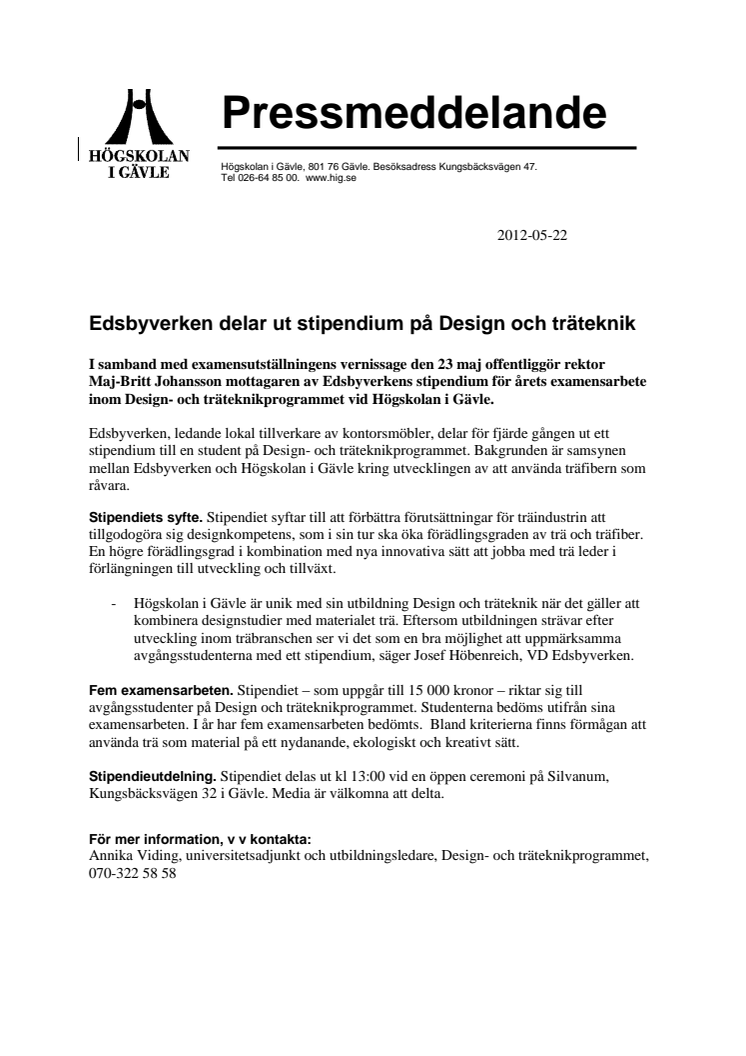 Edsbyverken delar ut stipendium på Design och träteknik