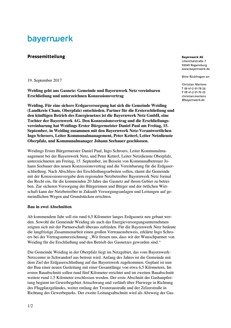 Weiding geht ans Gasnetz: Gemeinde und Bayernwerk Netz vereinbaren Erschließung und unterzeichnen Konzessionsvertrag 