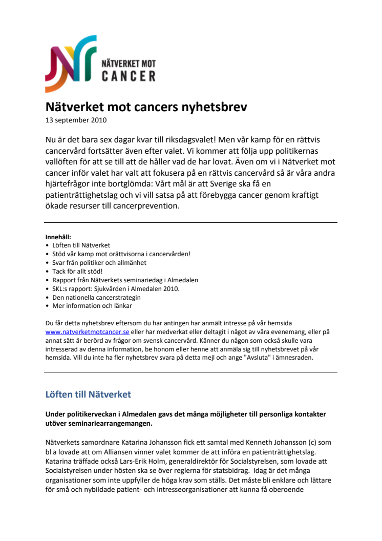 Nätverket mot cancers nyhetsbrev - 13 september 2010