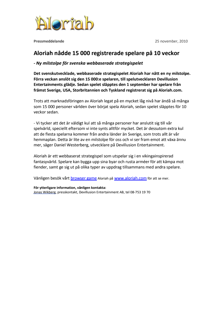 Aloriah nådde 15 000 registrerade spelare på 10 veckor