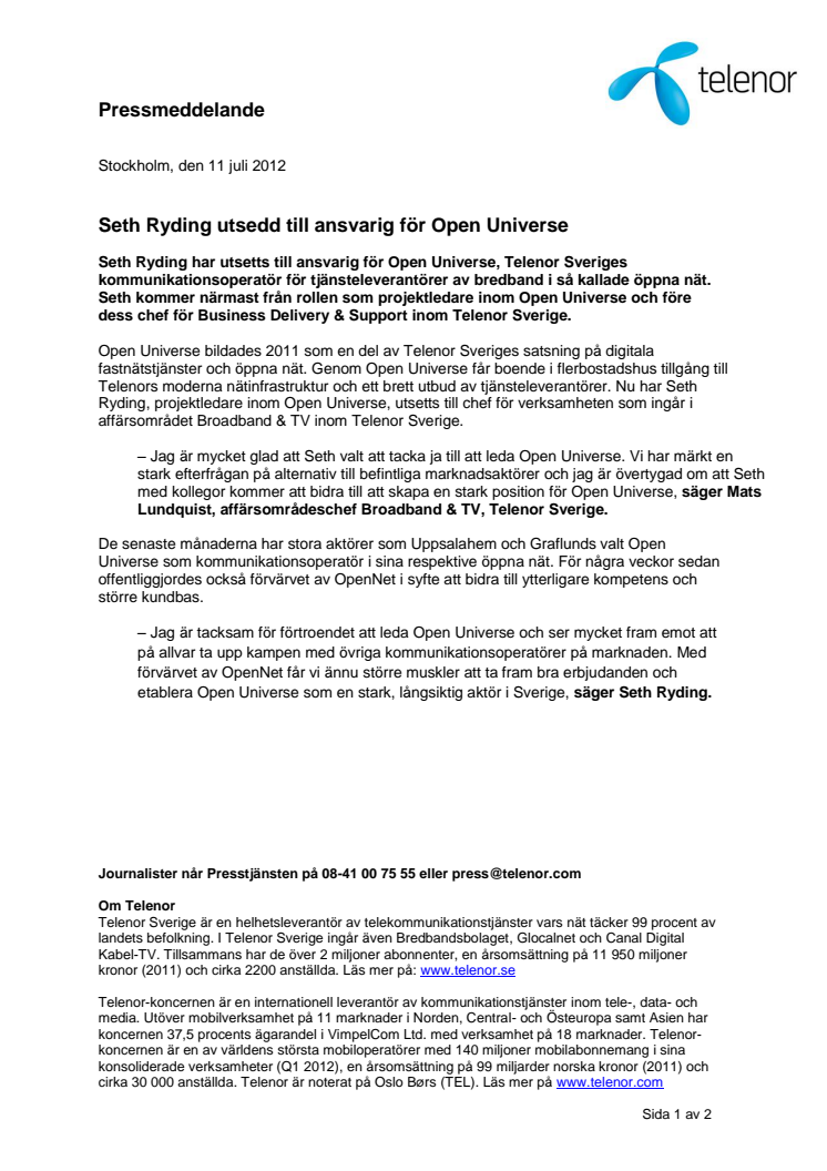 Seth Ryding utsedd till ansvarig för Open Universe