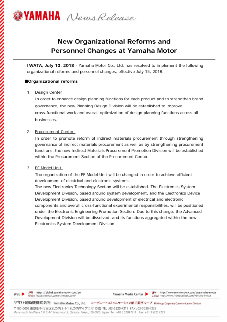 New Organizational Reforms and Personnel Changes at Yamaha Motor