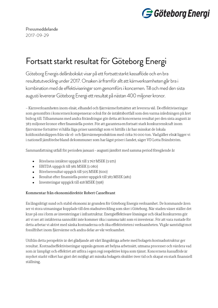 Fortsatt starkt resultat för Göteborg Energi