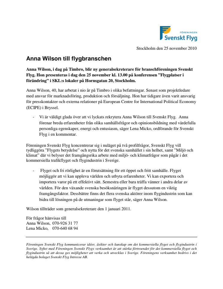 Anna Wilson till flygbranschen