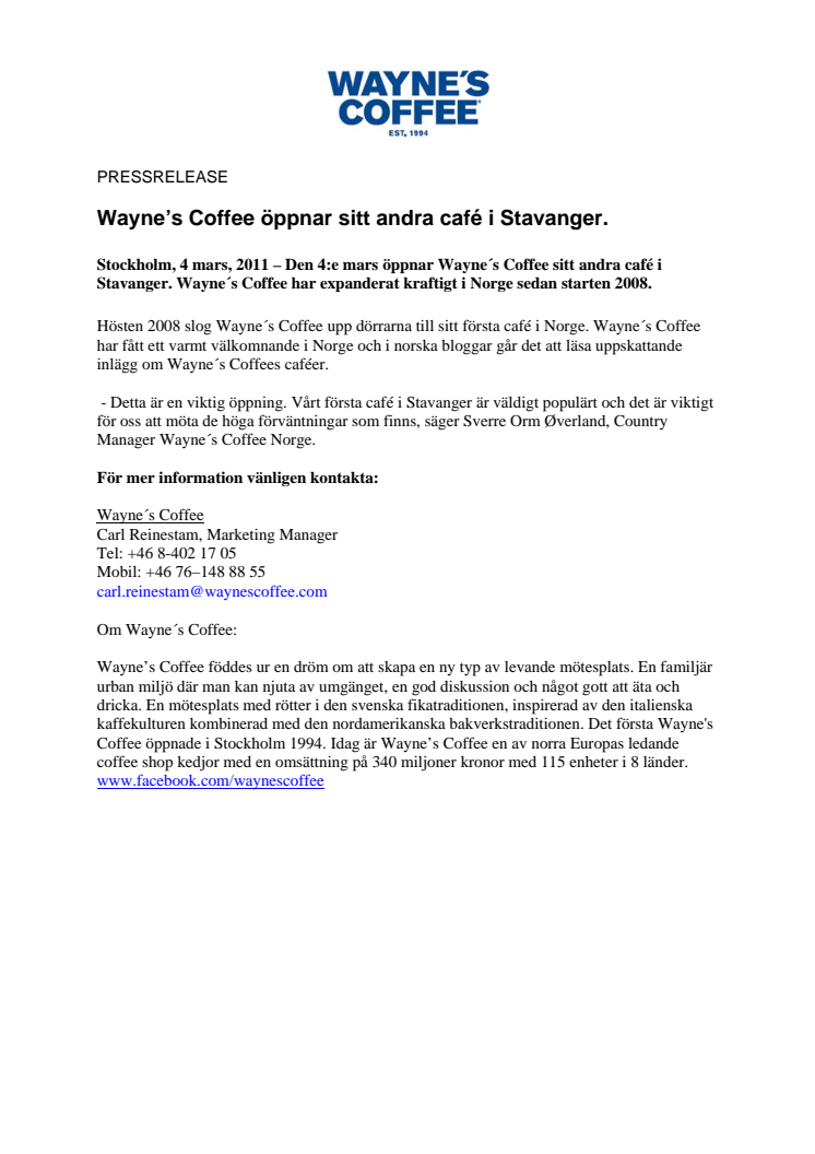 Wayne’s Coffee öppnar sitt andra café i Stavanger.