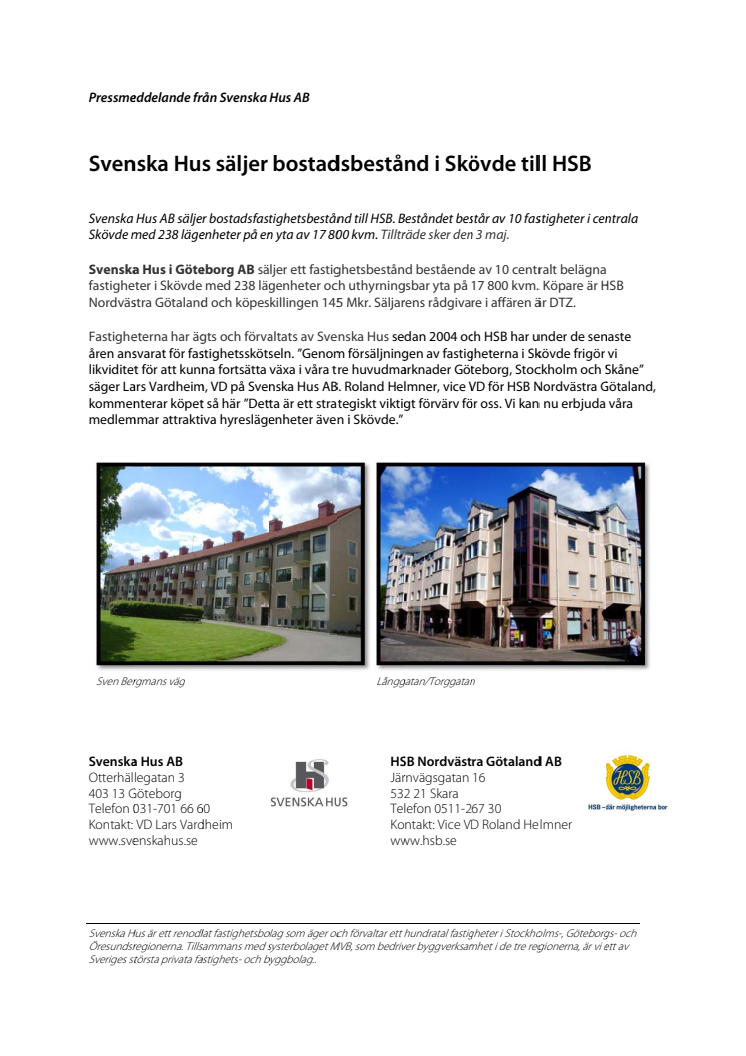 Svenska Hus säljer bostadsfastigheter i Skövde till HSB