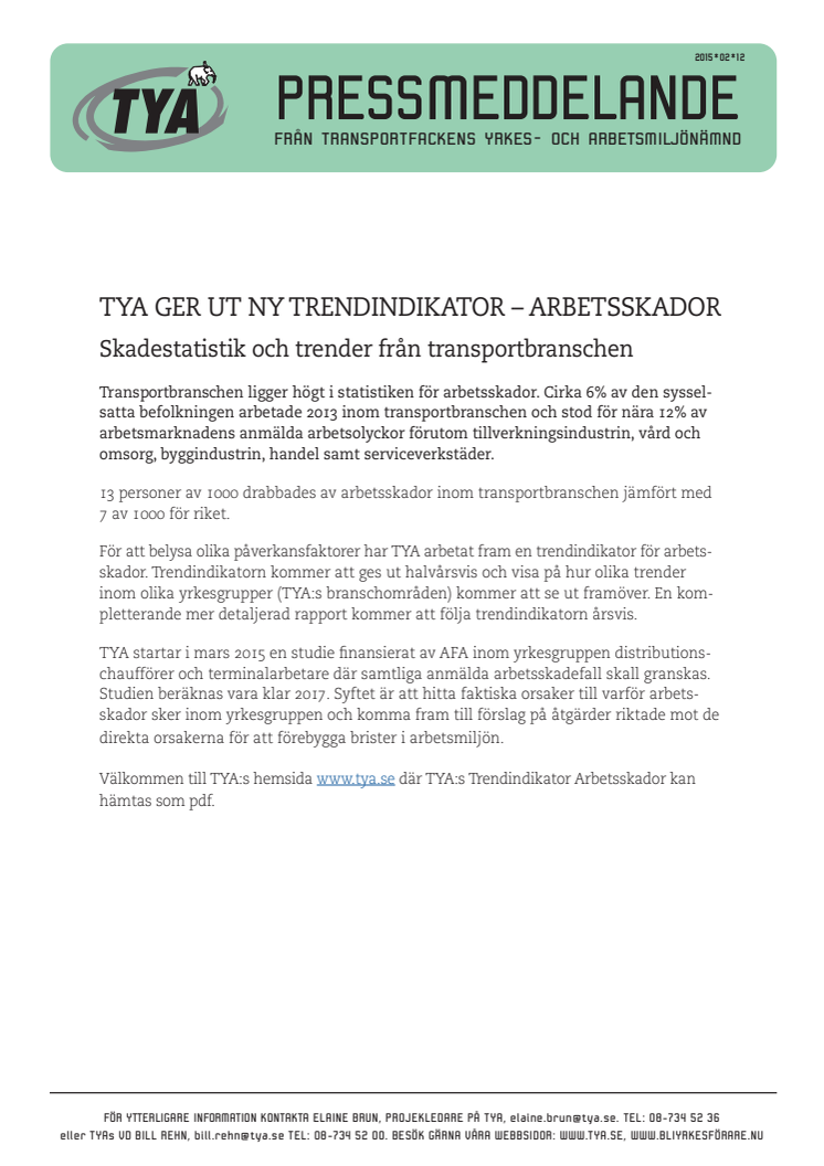 TYA ger ut ny trendindikator om arbetsskador