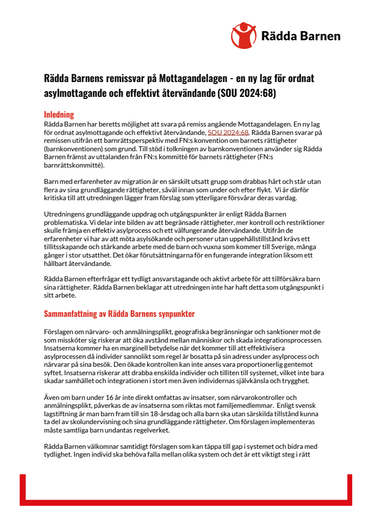 Rädda Barnens remissvar SOU2024_68 Mottagandelagen En ny lag för ordnat asylmottagande och effektivt återvändande.pdf