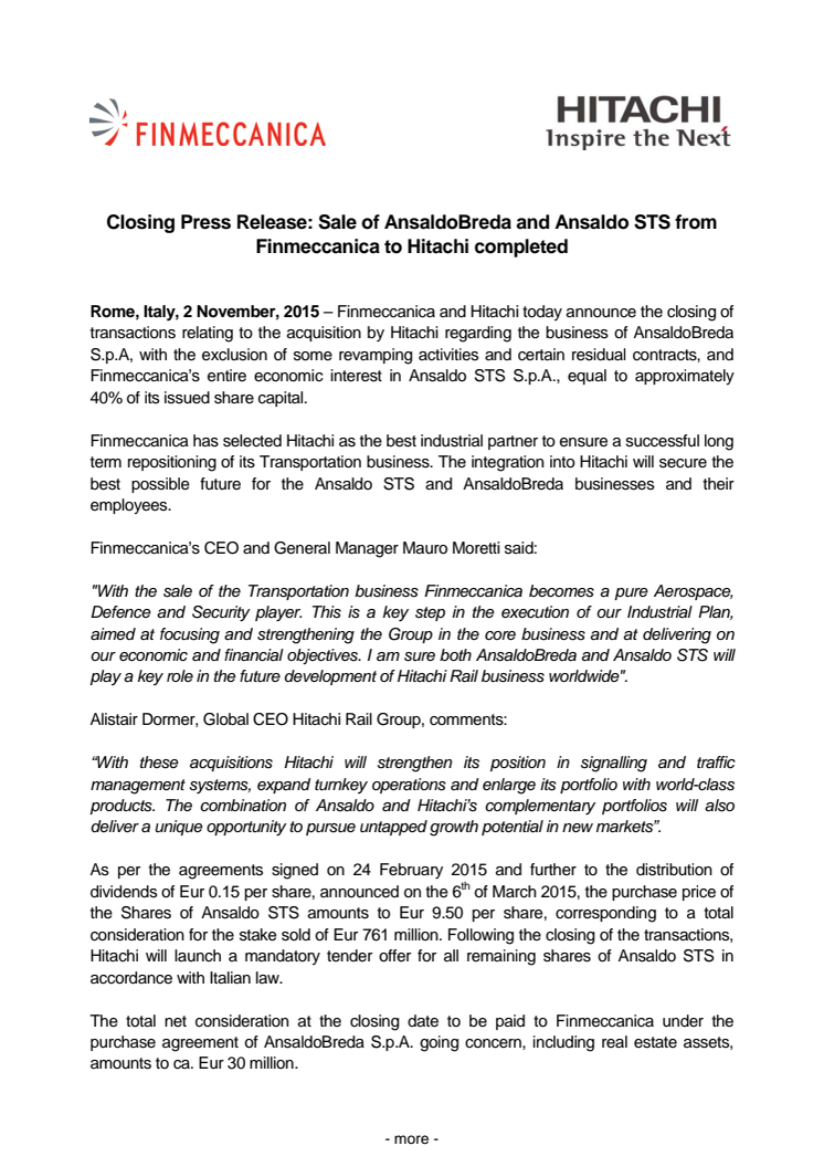 Closing Press Release: Sale of AnsaldoBreda and Ansaldo STS from Finmeccanica to Hitachi completed