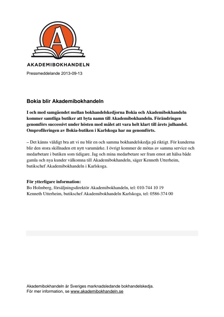 Bokia i Karlskoga blir Akademibokhandeln 