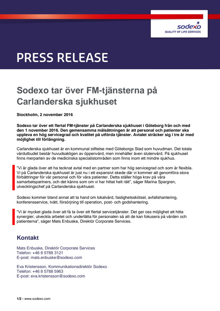 Sodexo tar över FM-tjänsterna på Carlanderska sjukhuset