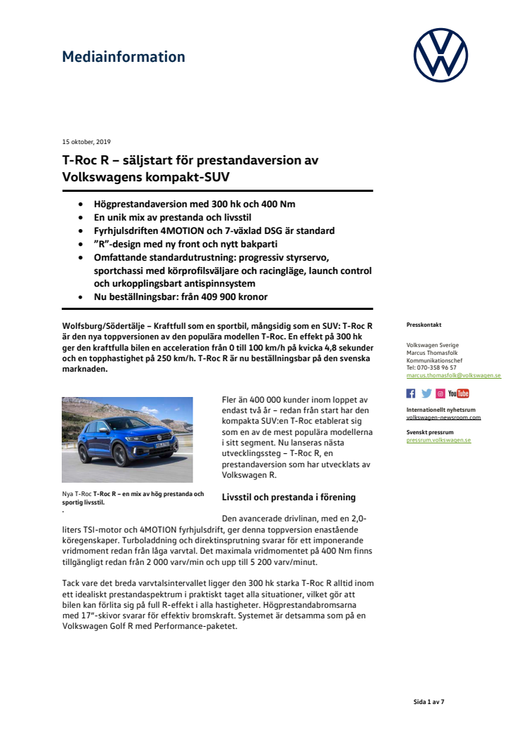 T-Roc R – säljstart för prestandaversion av Volkswagens kompakt-SUV