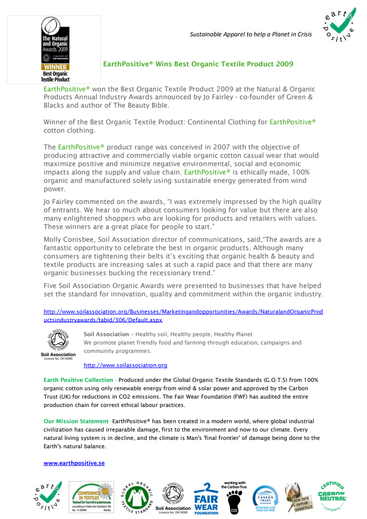 EarthPositive® Wins Best Organic Textile Product 2009 