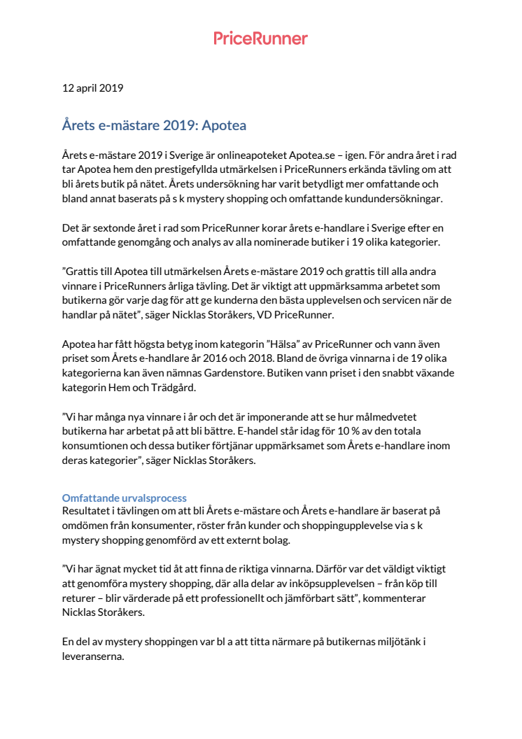 Pressrelease Pricerunner 12 april 2019, Årets e-handlare 2019