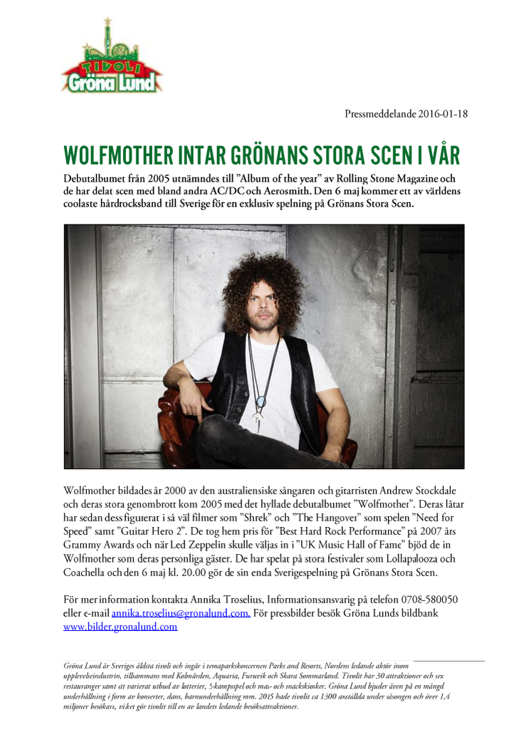 Wolfmother intar Grönans Stora Scen i vår