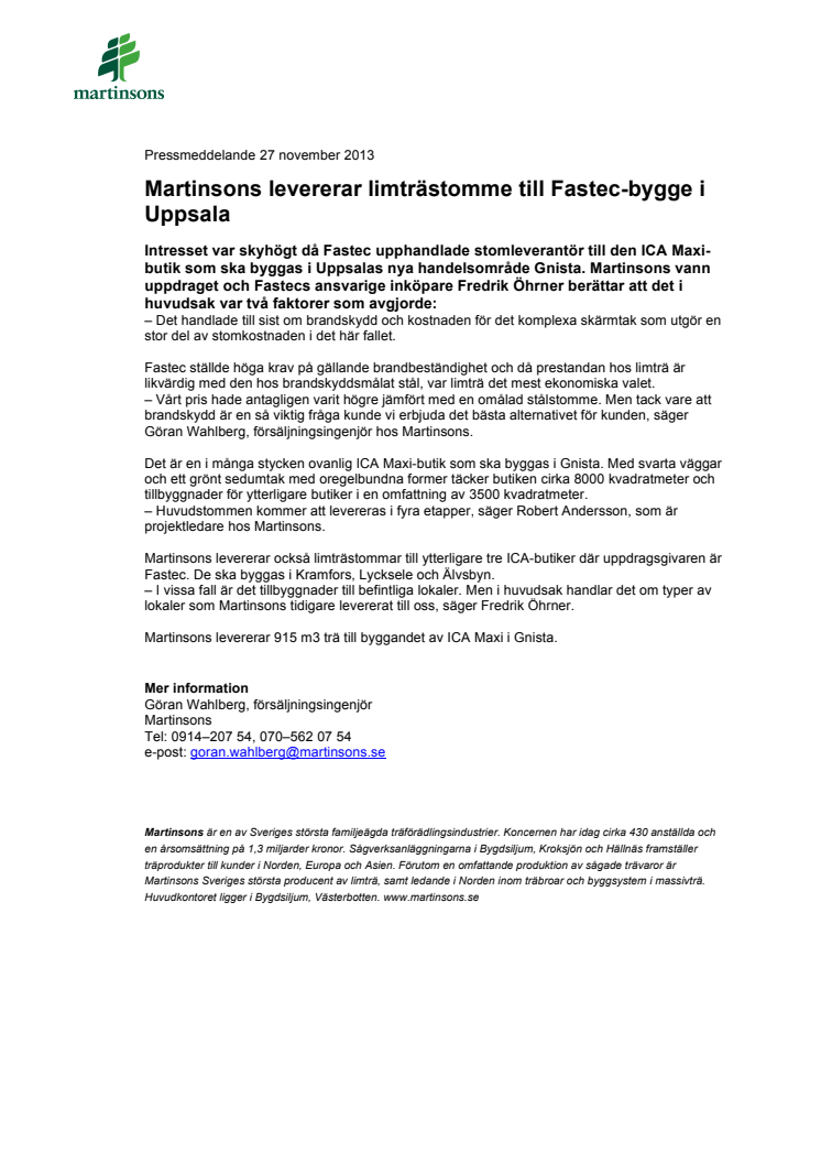 Martinsons levererar limträstomme till Fastec-bygge i Uppsala
