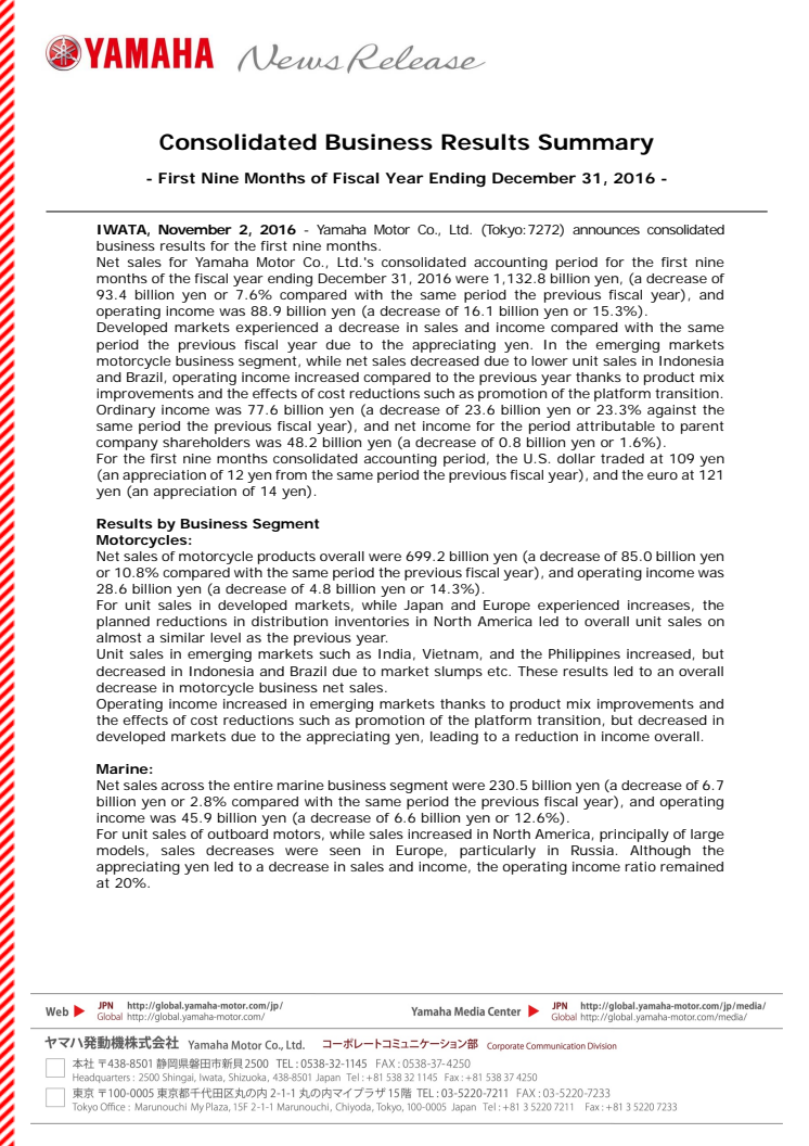 Consolidated Business Results Summary - First Nine Months of Fiscal Year Ending December 31, 2016 -