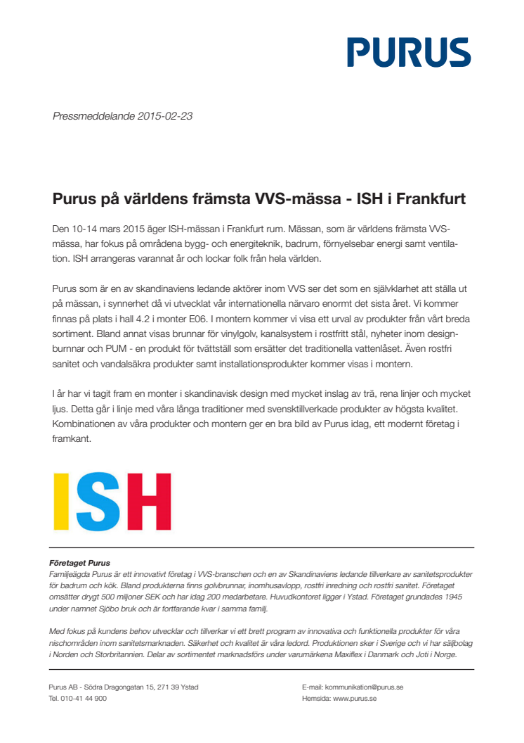 Purus på världens främsta VVS-mässa - ISH i Frankfurt