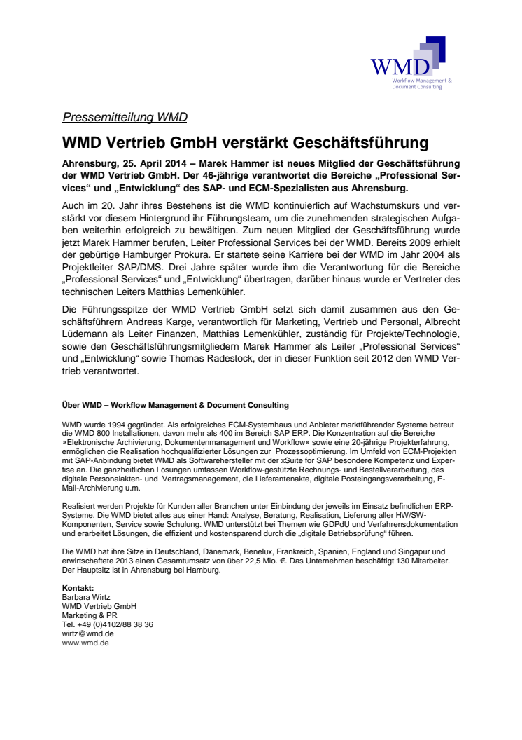 WMD Vertrieb GmbH verstärkt Geschäftsführung 