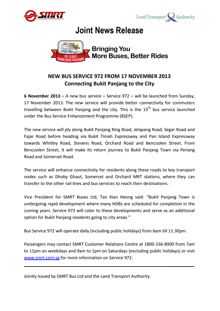 NEW BUS SERVICE 972 FROM 17 NOVEMBER 2013 - Connecting Bukit Panjang to the City