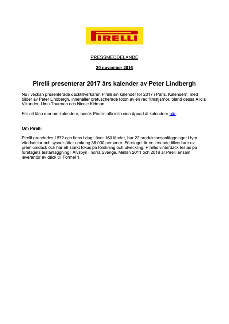 Pirelli presenterar 2017 års kalender av Peter Lindbergh