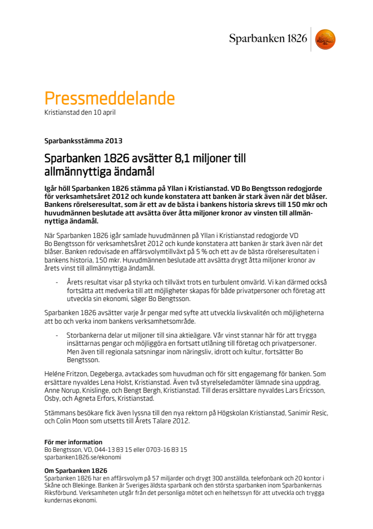 Sparbanken 1826 avsätter 8,1 miljoner till allmännyttiga ändamål