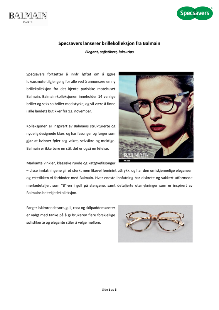 Specsavers lanserer brillekolleksjon fra Balmain