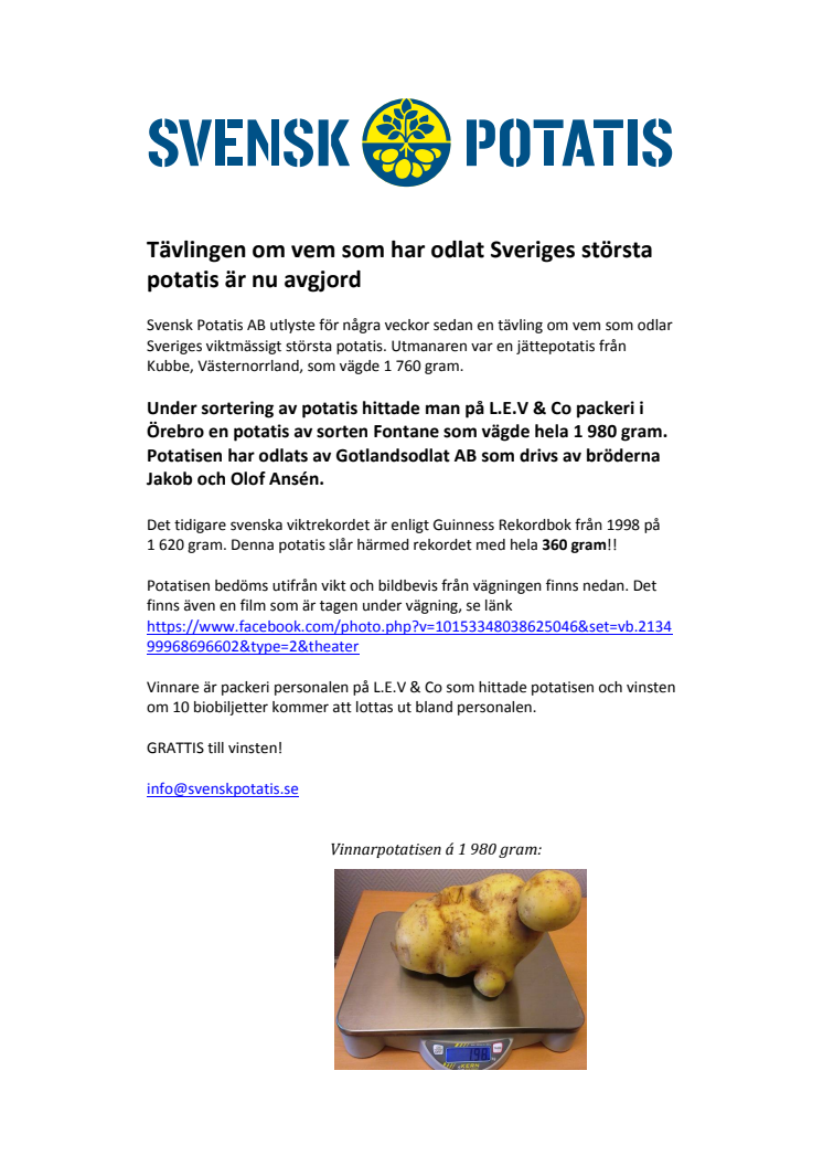 Sveriges största potatis, 1980 gram