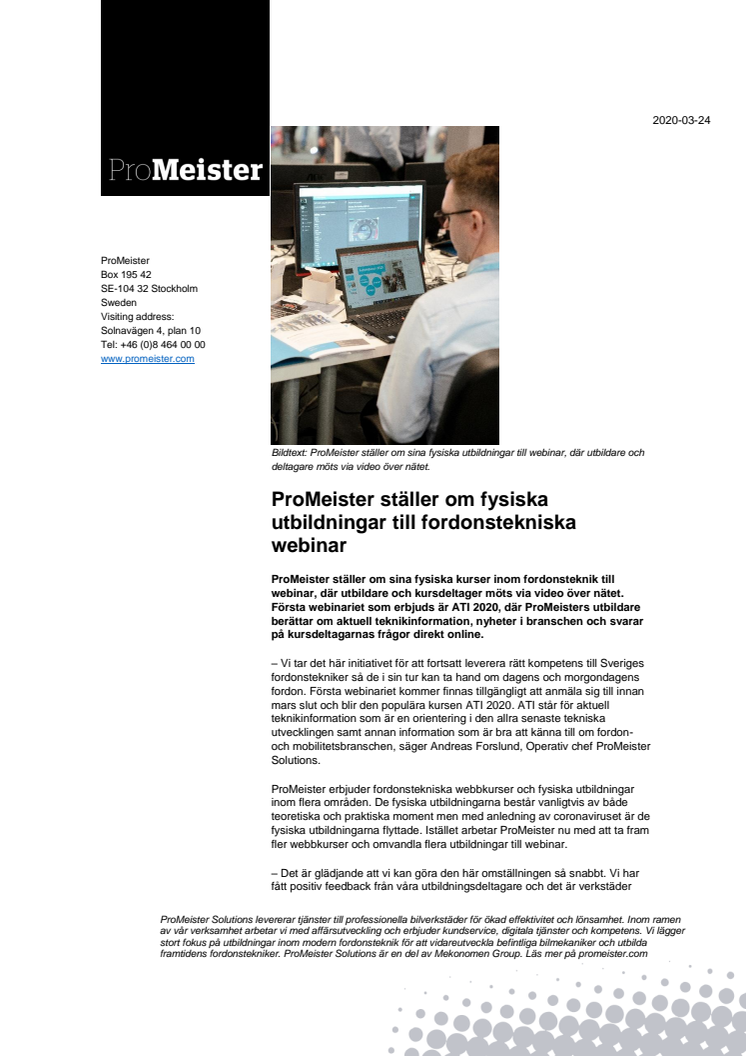 ProMeister ställer om fysiska utbildningar till fordonstekniska webinar
