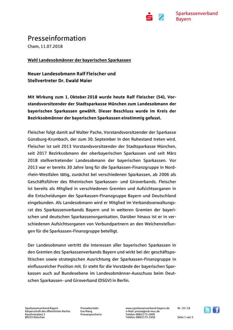 Wahl Landesobmänner der bayerischen Sparkassen - Neuer Landesobmann Ralf Fleischer und Stellvertreter Dr. Ewald Maier